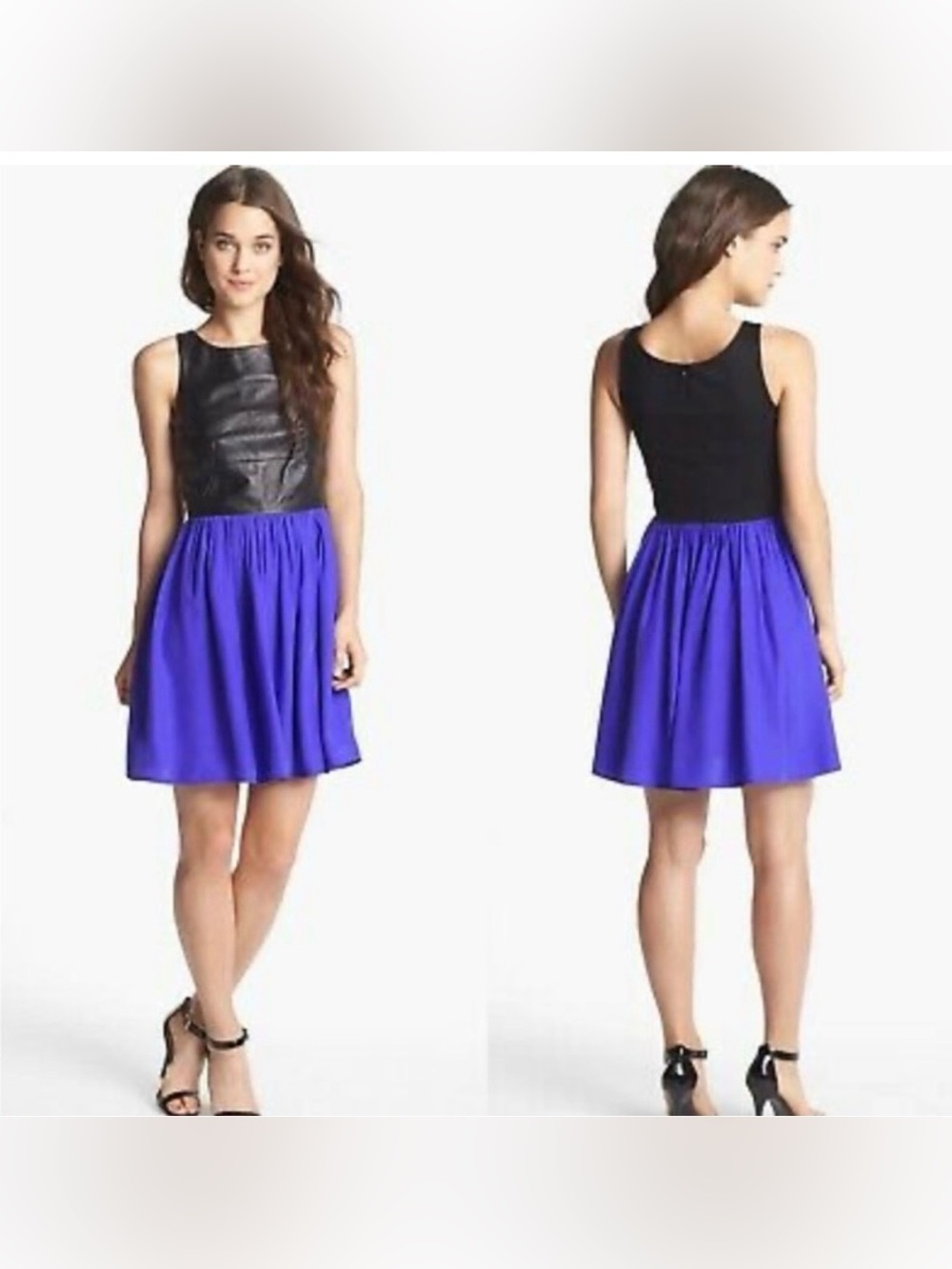 Amanda Uprichard Black Leather Blue Silk Sleeveless Dress Size S